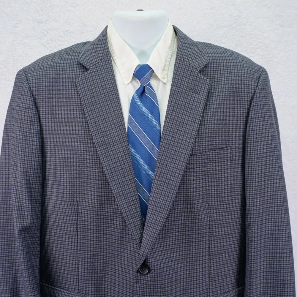 Pronto Uomo Platinum‎ Wool Blend Sport Coat Blue Gray Black Plaid Portly 46R